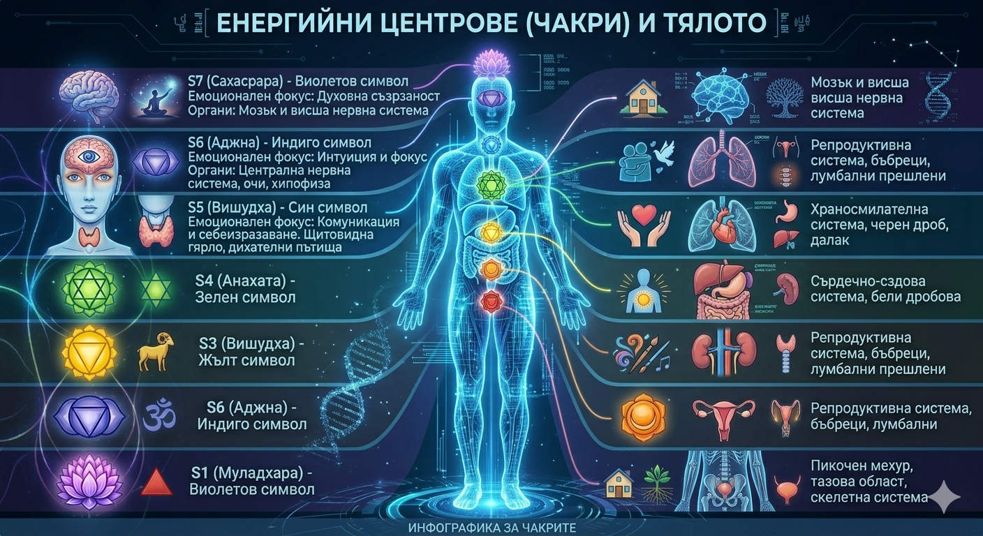 Графична визуализация на енергийните центрове (чакри) и техния текущ функционален статус